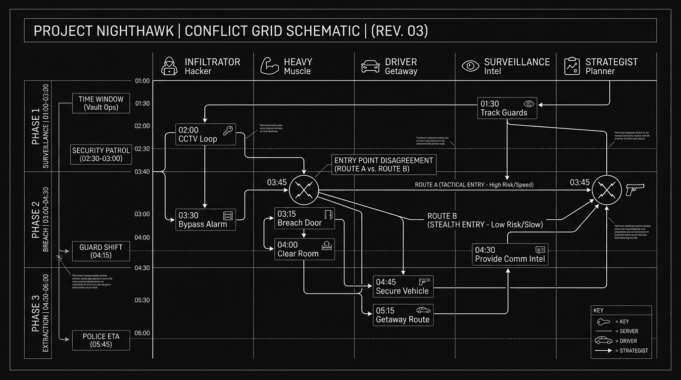 Dark mode technical sketch of heist planning grid showing constraints, role assignments, and conflict points