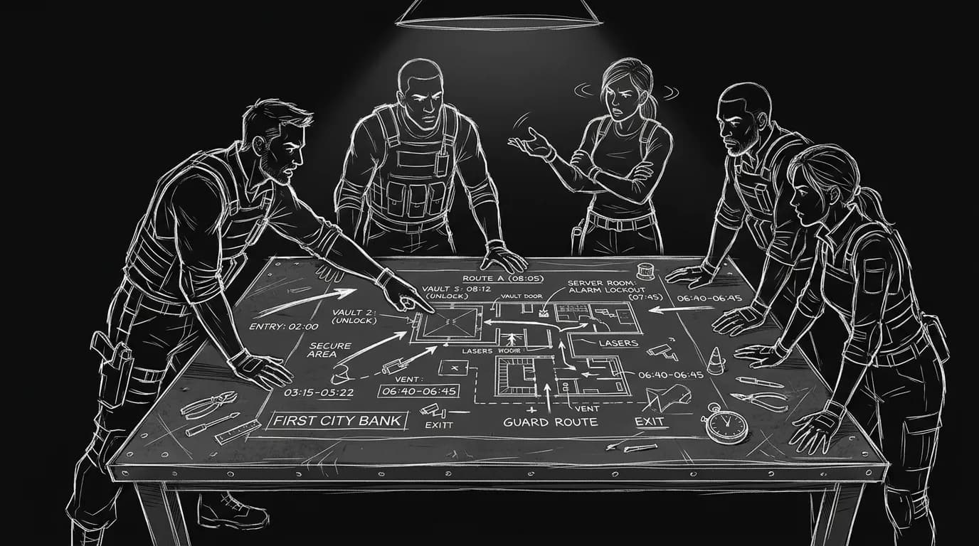 Dark mode technical sketch of a heist crew around a table with plan routes and conflict points