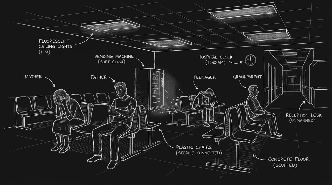 Dark mode technical sketch of family members in a hospital waiting room under fluorescent light with different emotional stakes