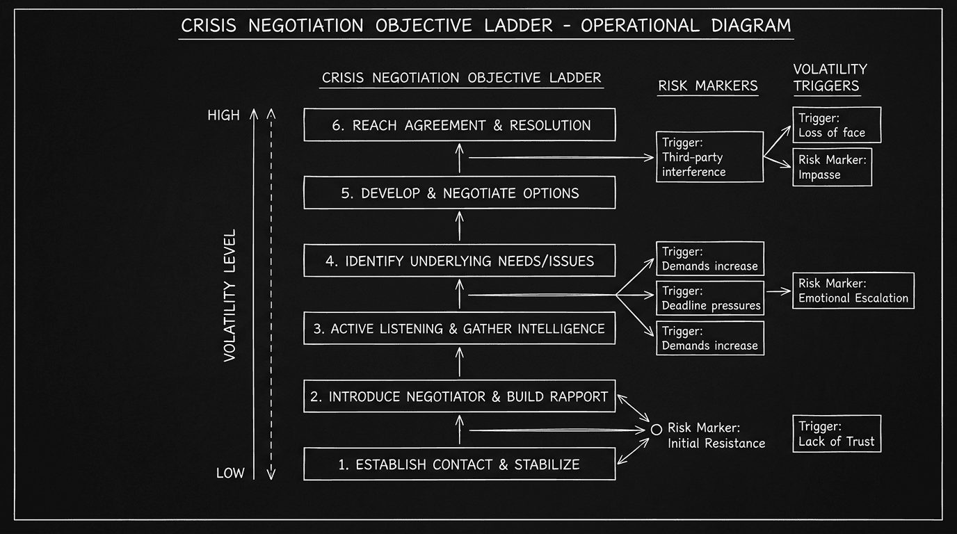 Dark mode technical sketch of negotiation objective ladder with phase goals, risk markers, and volatility triggers