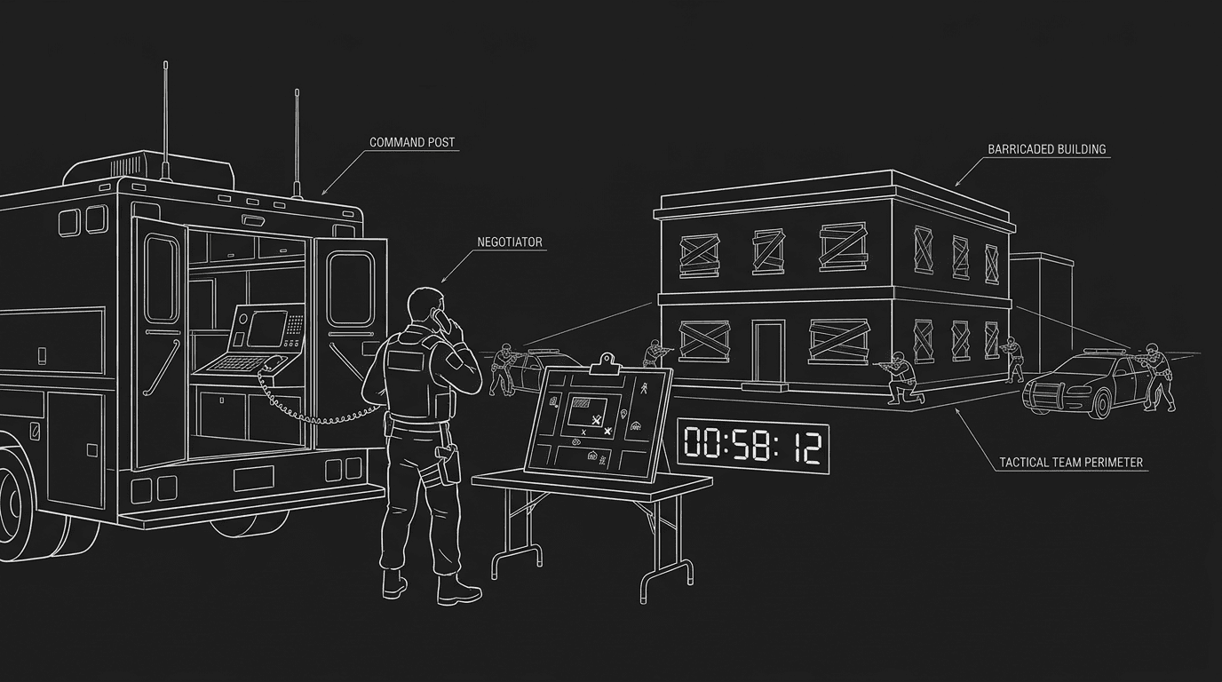 Dark mode technical sketch of a crisis negotiator on phone outside a barricaded building