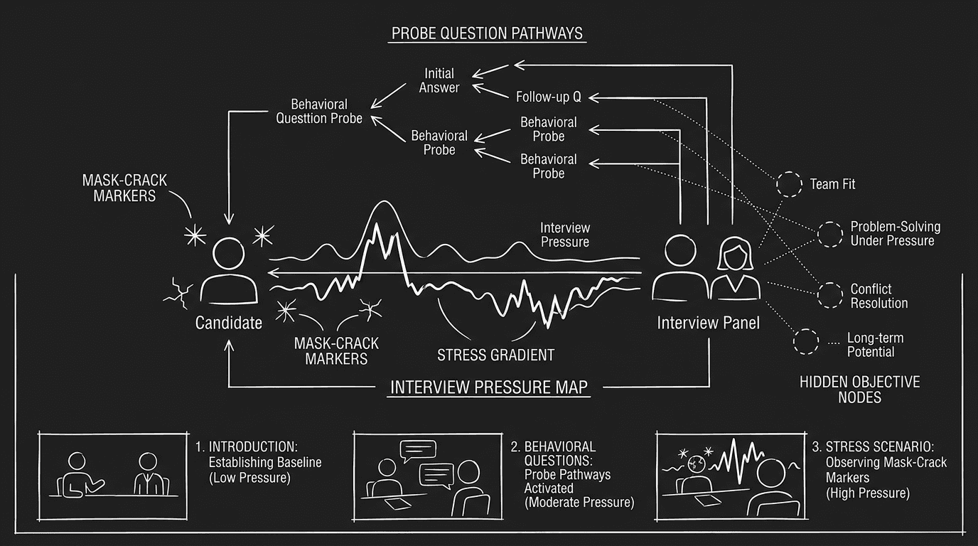 Dark mode technical sketch of interview pressure map showing hidden objectives, probe questions, and mask-crack points