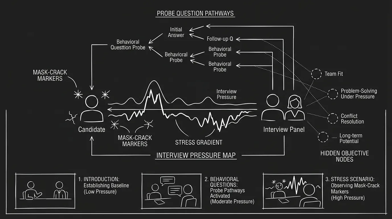Dark mode technical sketch of interview pressure map showing hidden objectives, probe questions, and mask-crack points