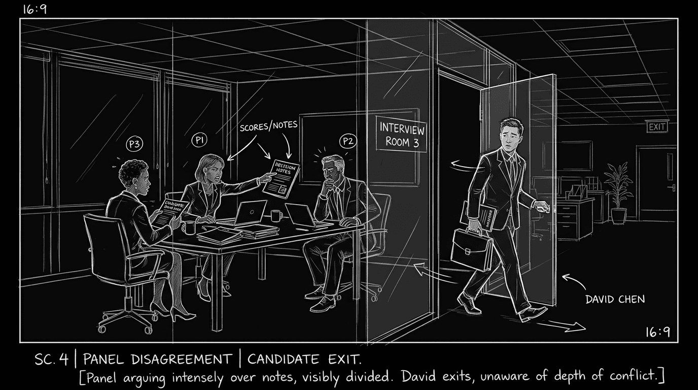Dark mode technical sketch of candidate exiting interview room while panel members split over hiring decision