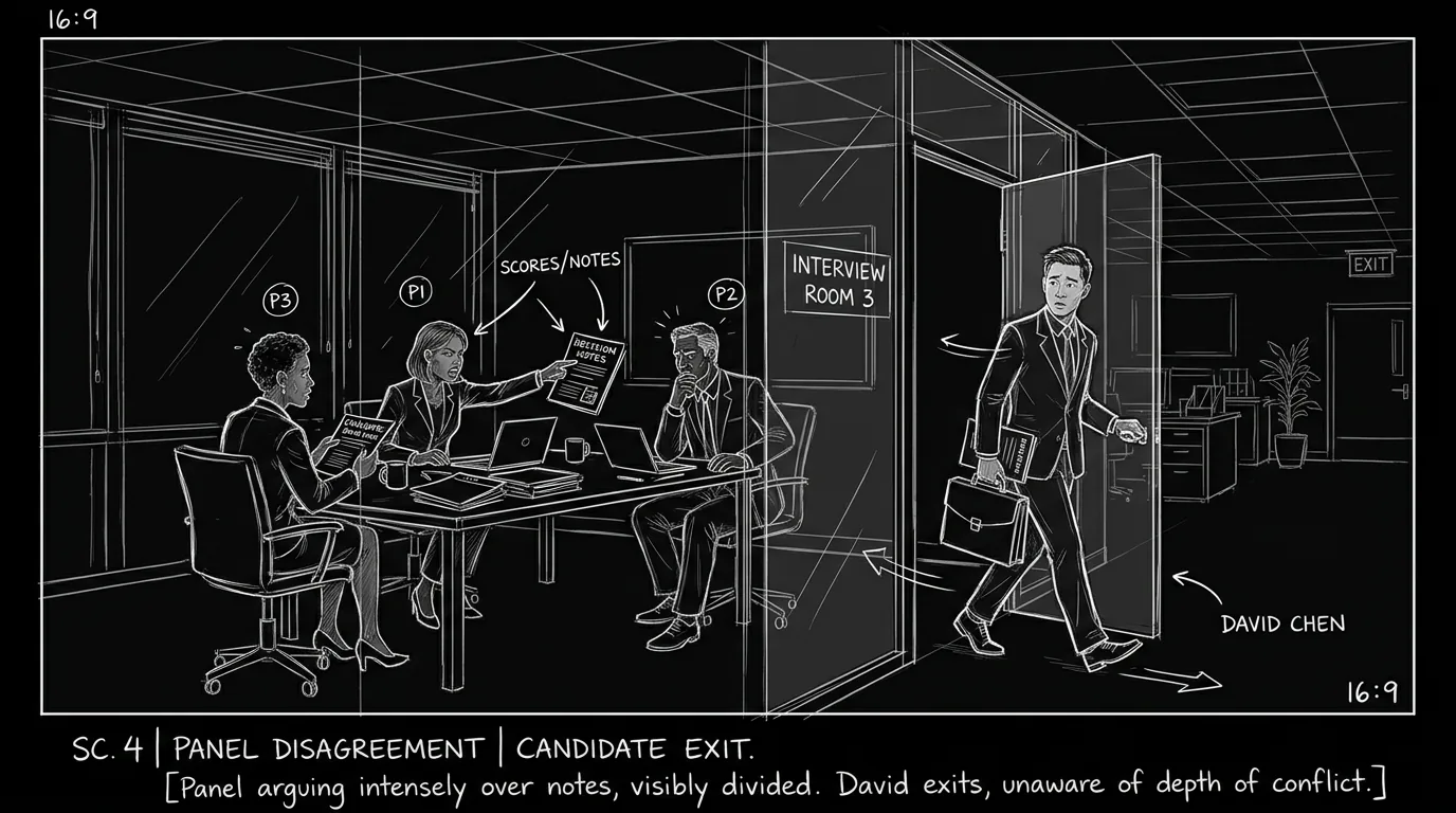 Dark mode technical sketch of candidate exiting interview room while panel members split over hiring decision