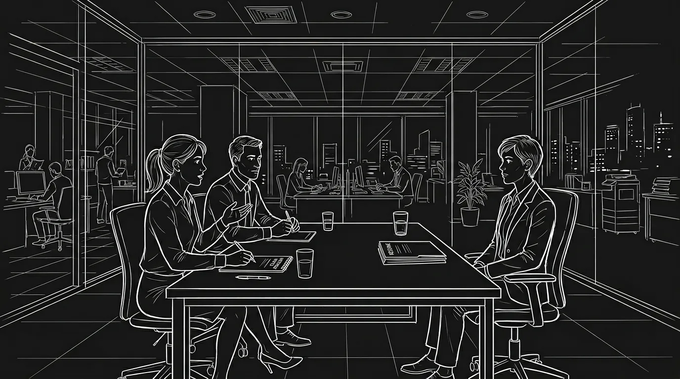 Dark mode technical sketch of a candidate facing two interviewers across a desk