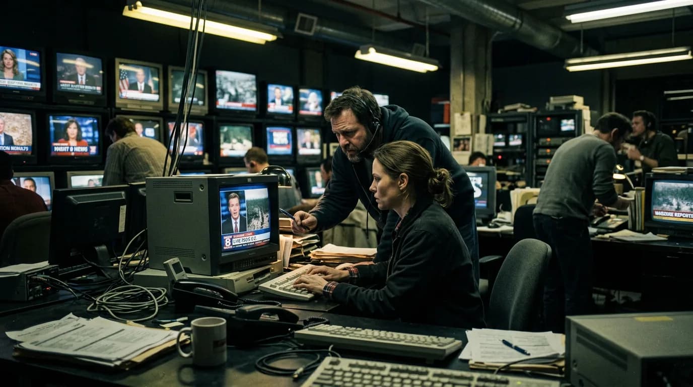 Cinematic 35mm film still: newsroom at night with monitors