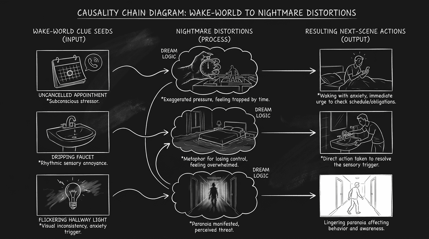 Dark mode technical sketch of causality chain linking wake-world seeds to nightmare distortions and next-scene action