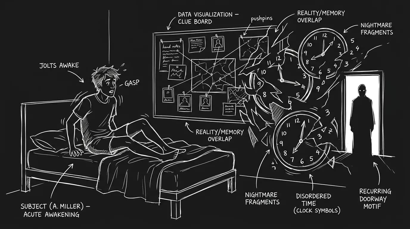 Dark mode technical sketch of a character jolting awake as dream fragments overlap real clues