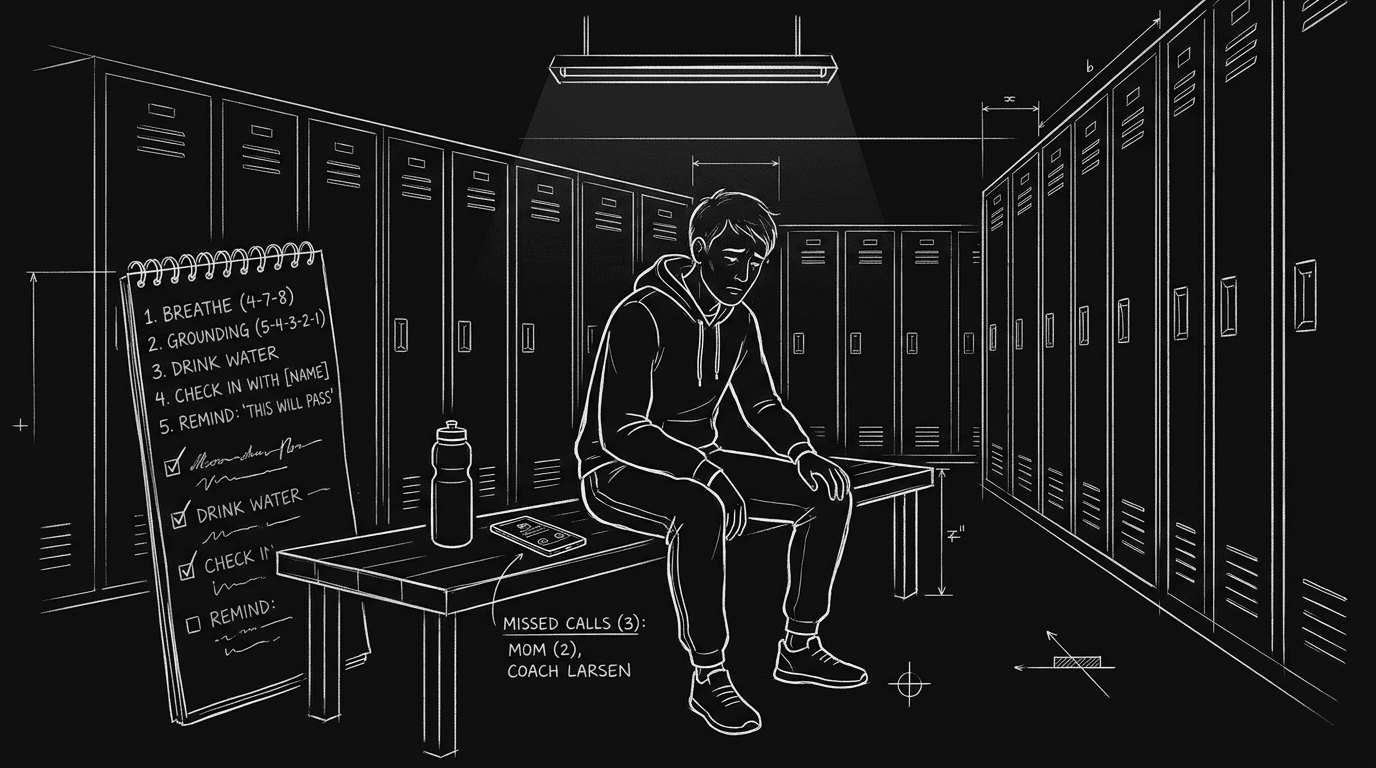 Dark mode technical sketch of character after panic attack sitting alone in locker room with checklist of coping steps and missed obligations