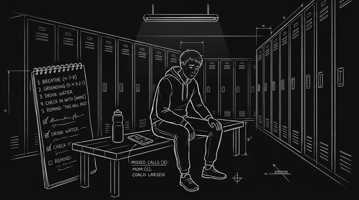 Dark mode technical sketch of character after panic attack sitting alone in locker room with checklist of coping steps and missed obligations