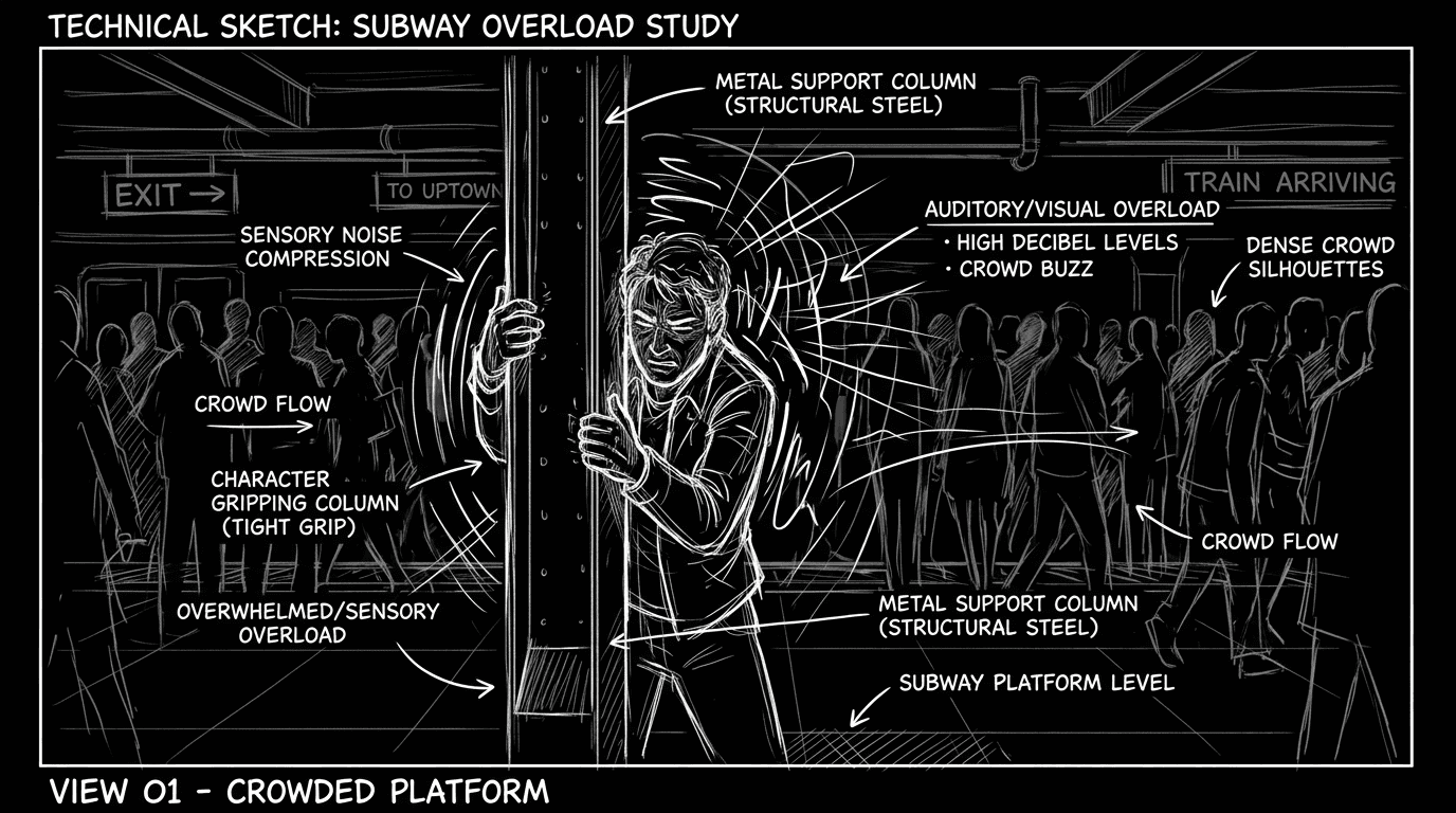 Dark mode technical sketch of a character overwhelmed in a crowded transit station
