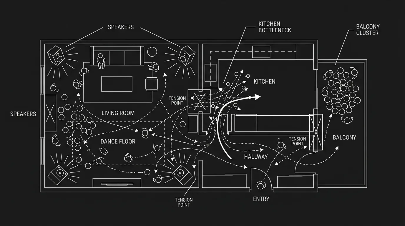 Dark mode technical sketch of a crowded party with intersecting character paths and hidden tension points