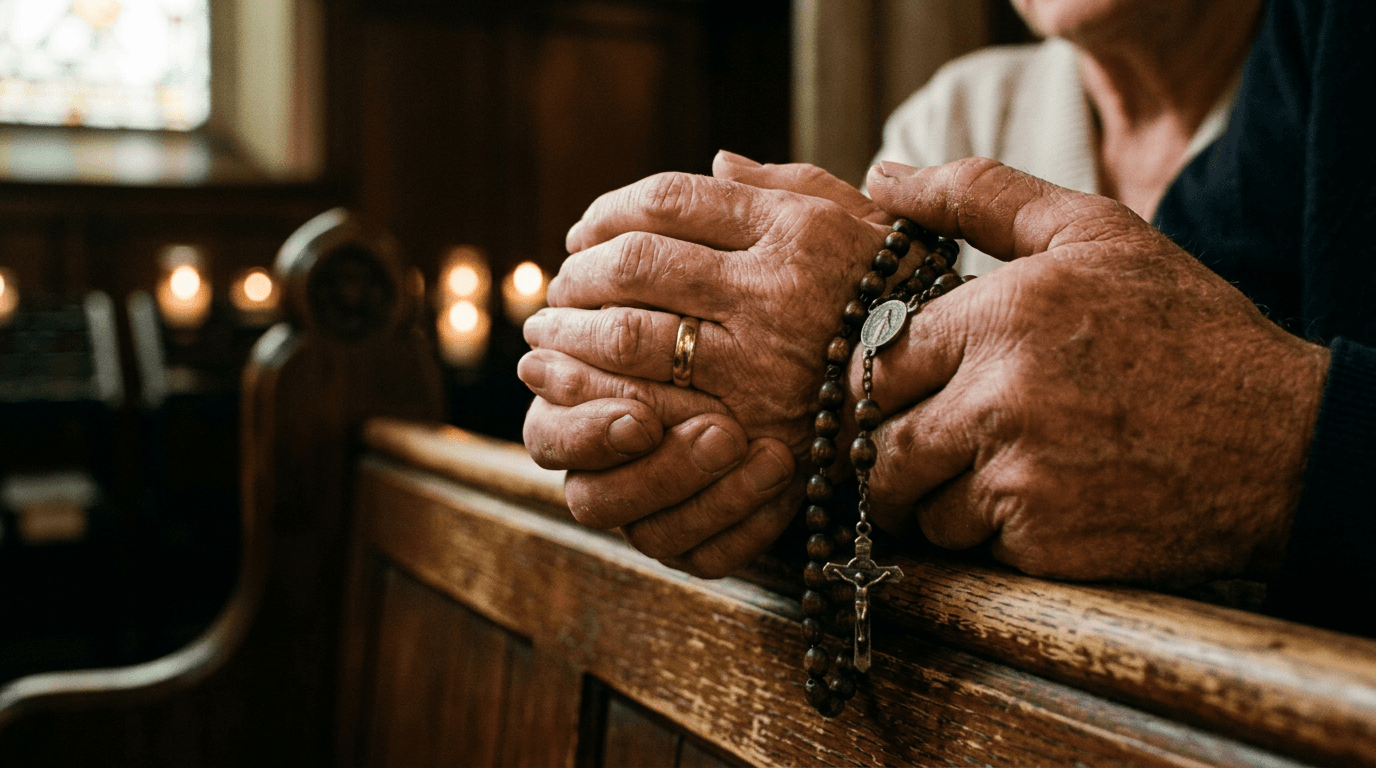 Clasped hands in prayer; cinematic film still
