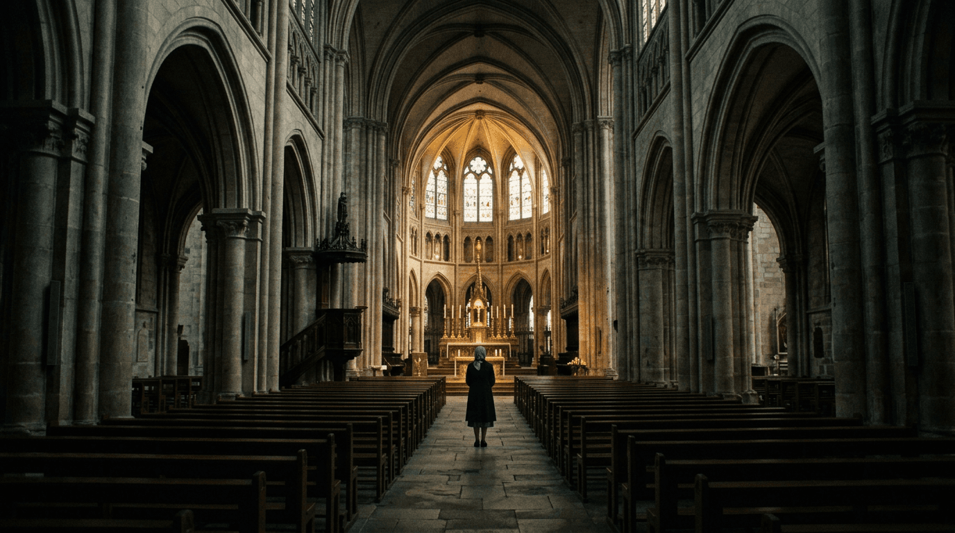 Wide view toward altar; cinematic film still