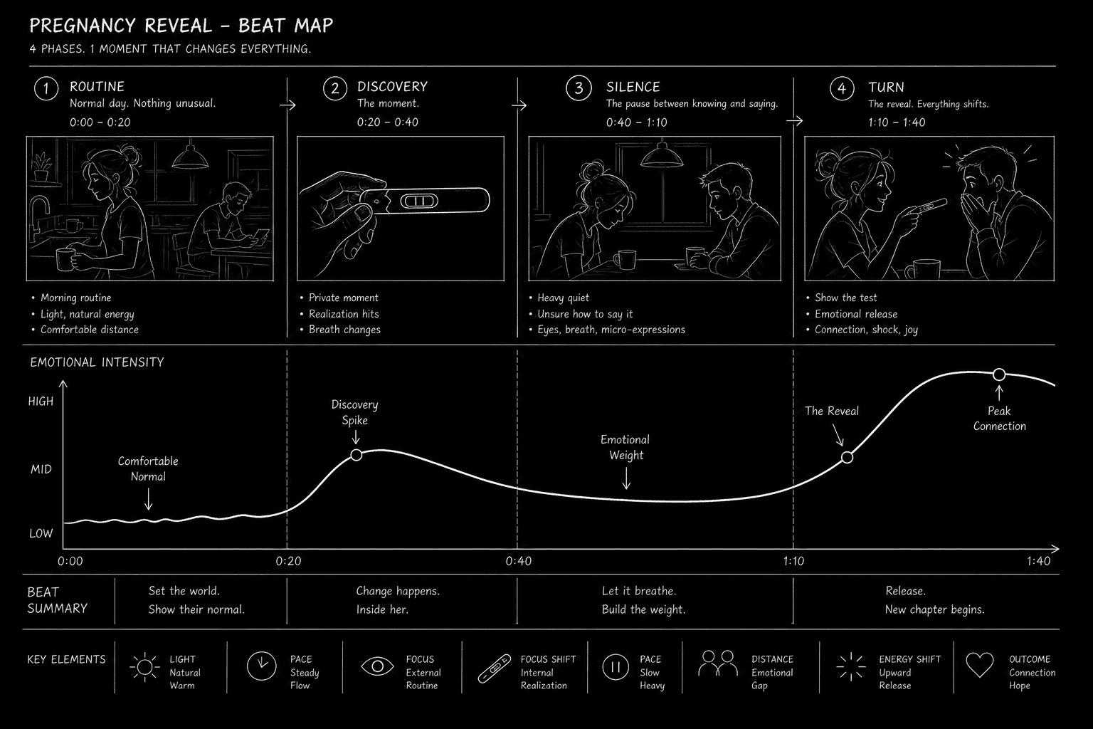 Pregnancy reveal beat map showing silence, object reveal, and relationship turn; dark mode technical sketch, thin white lines on black background