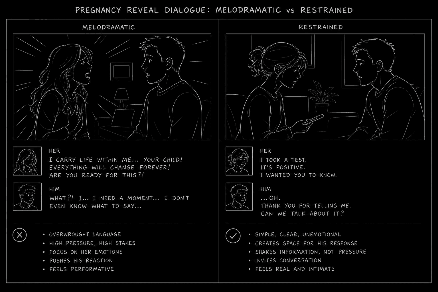 Comparison of melodramatic vs restrained pregnancy reveal dialogue formatting; dark mode technical sketch, thin white lines on black background
