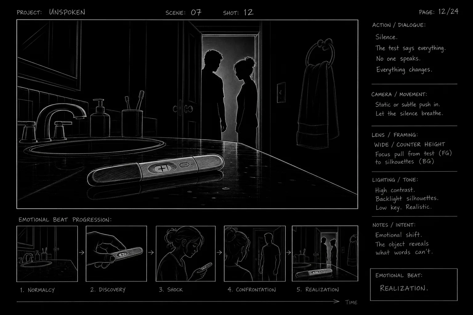 Dark mode technical sketch: two-character scene with pregnancy test on counter, thin white lines on solid black