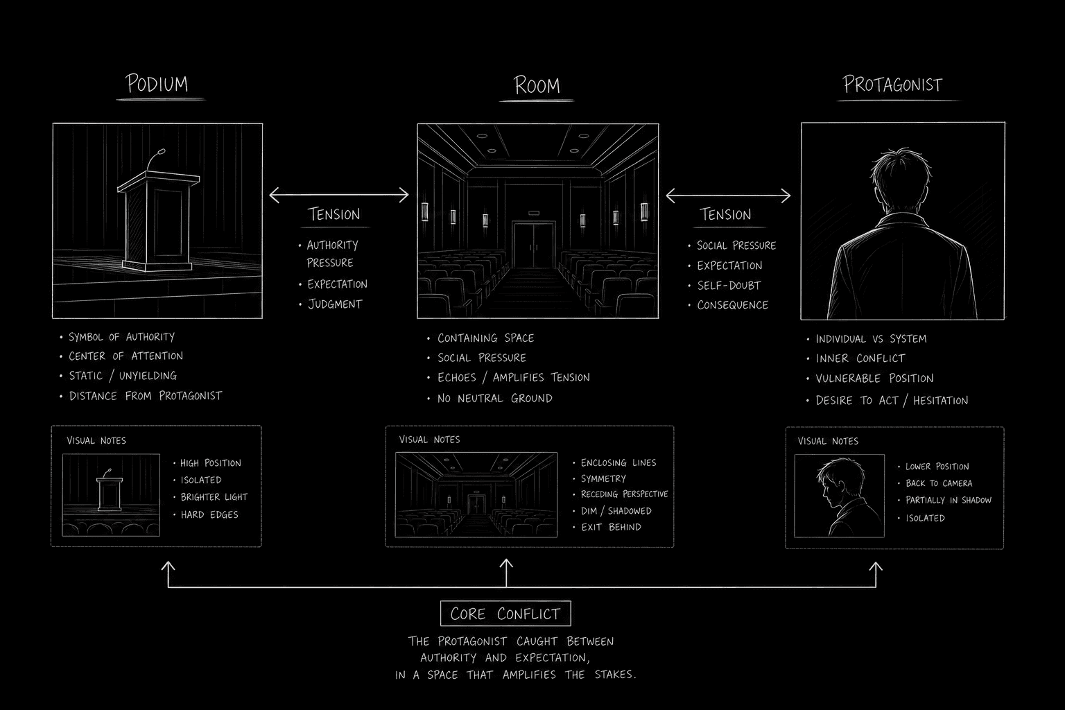 Three-channel diagram: podium, press room, protagonist with tension arrows; dark mode technical sketch, thin white lines on black background