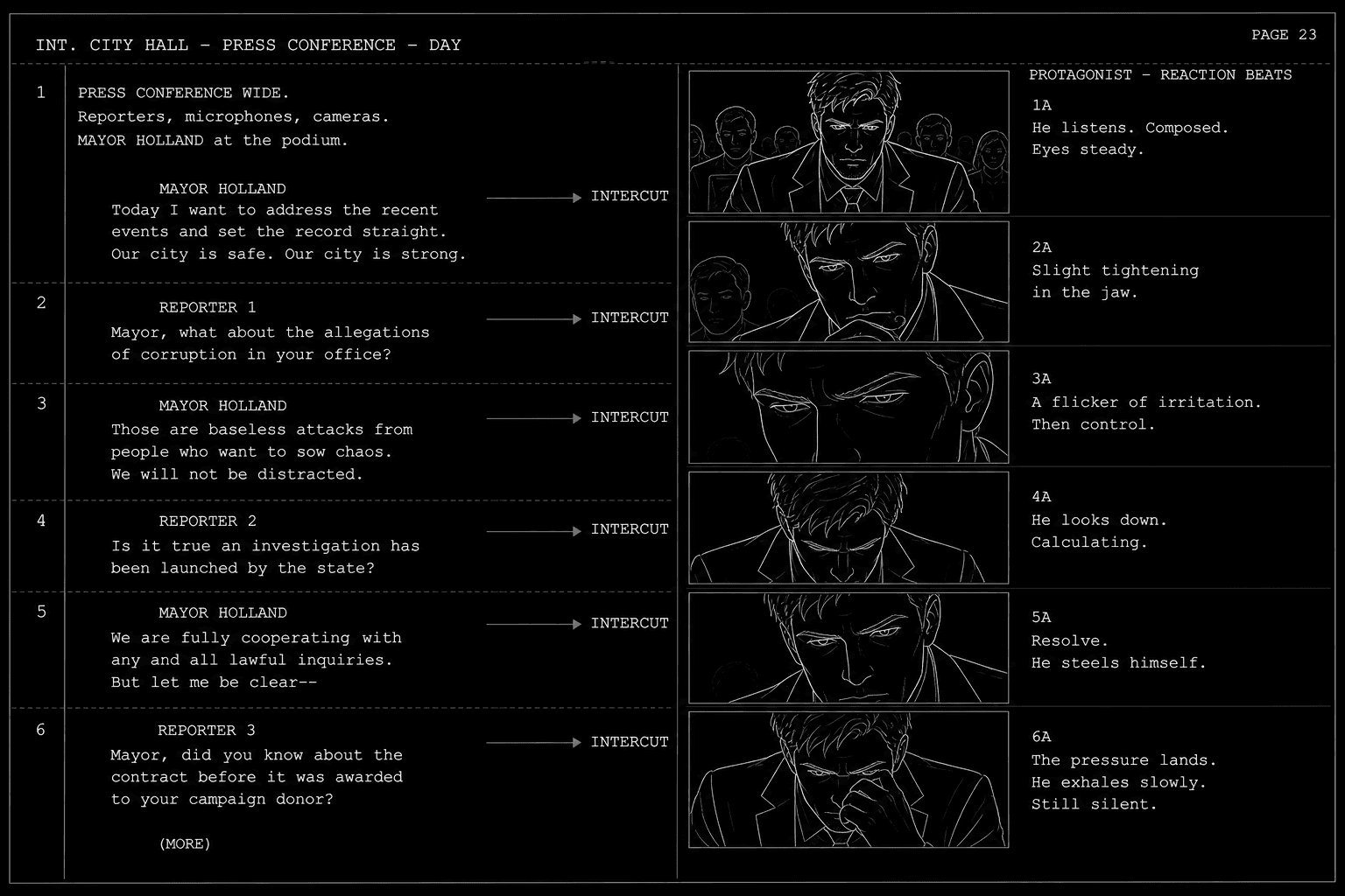 Press conference script page with intercut protagonist reaction beats; dark mode technical sketch, thin white lines on black background