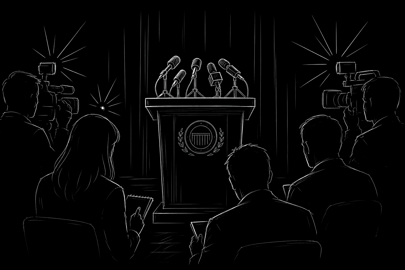 Dark mode technical sketch: press conference podium with microphones and camera flashes, thin white lines on black