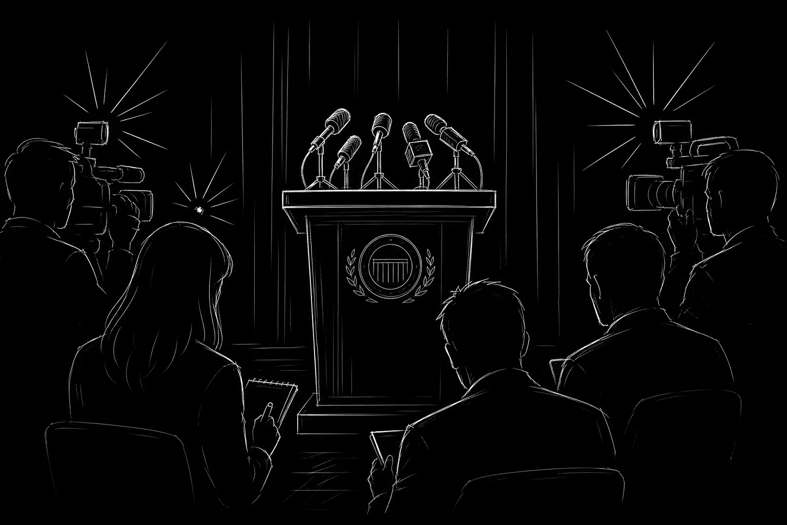 Dark mode technical sketch: press conference podium with microphones and camera flashes, thin white lines on black