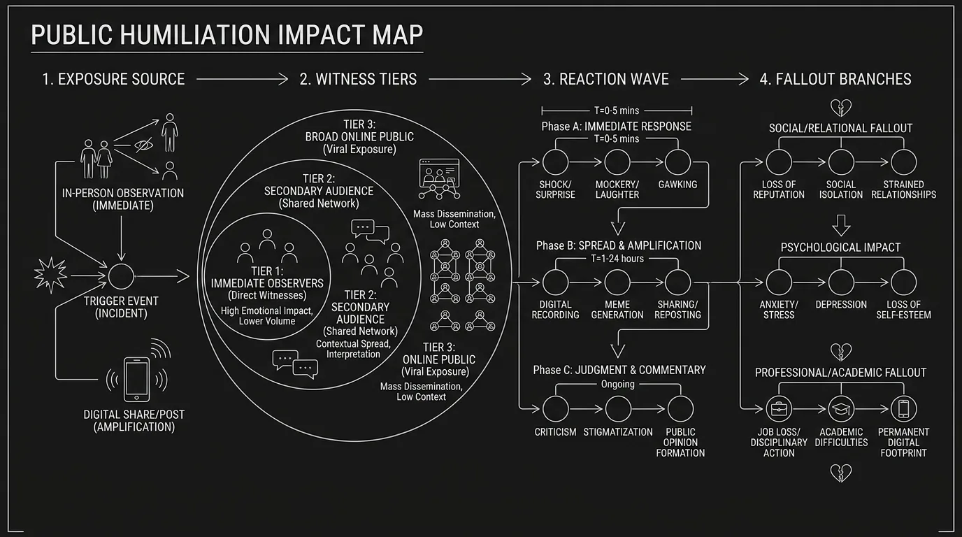 Dark mode technical sketch of public humiliation impact map with exposure source, witness tiers, and fallout branches