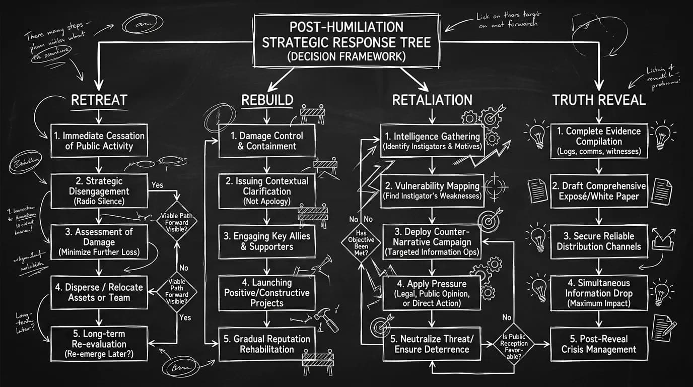 Dark mode technical sketch of post-humiliation response paths including retreat, rebuild, retaliation, and truth reveal