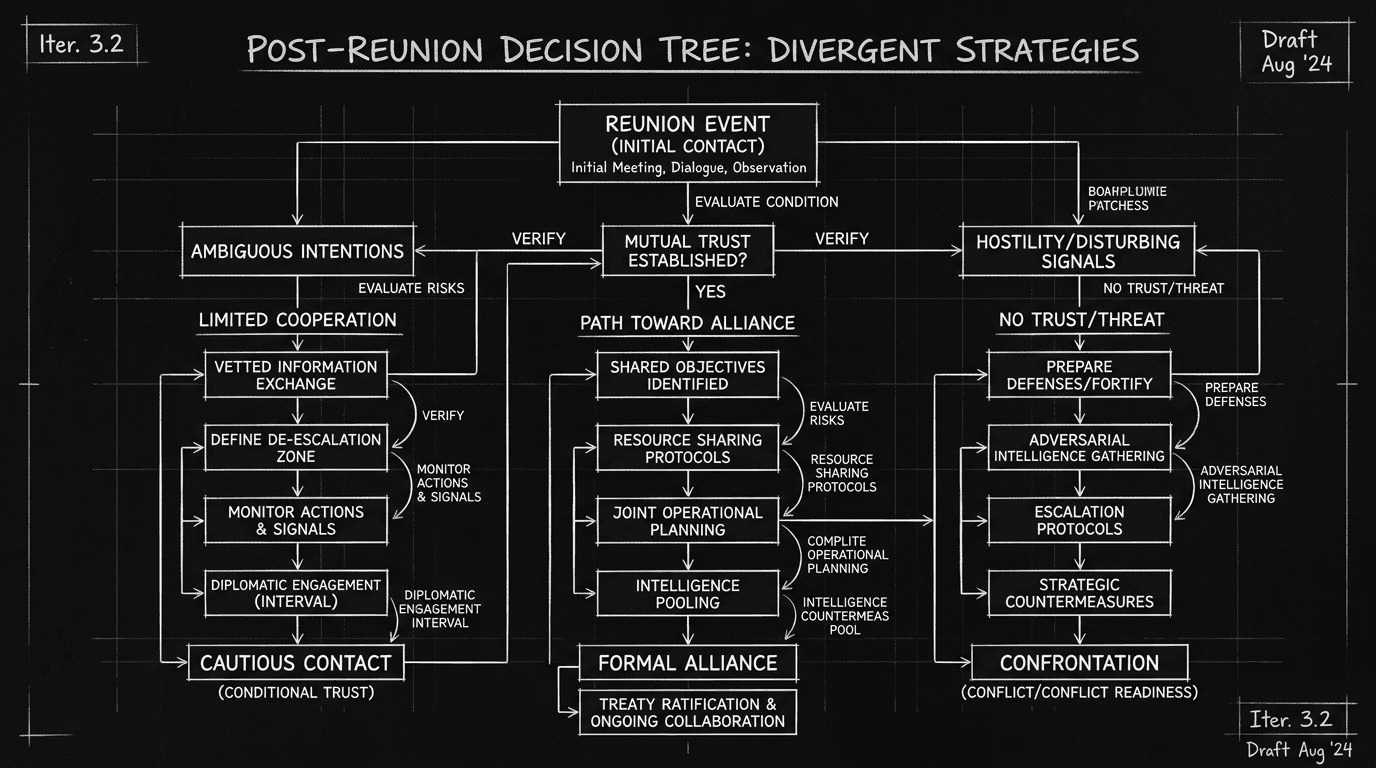 Dark mode technical sketch of post-reunion decision tree with divergent paths for alliance, distance, and confrontation