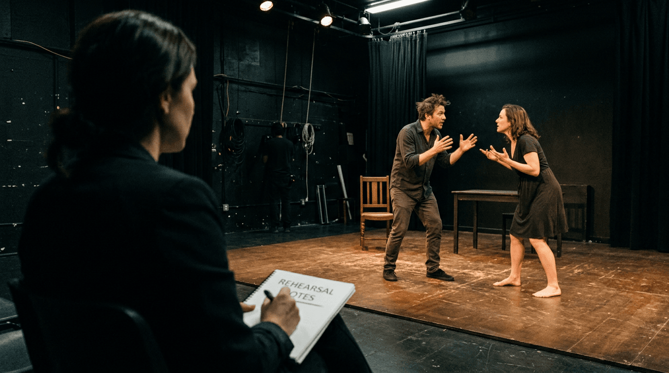 Silent rehearsal in black box theater; cinematic film still