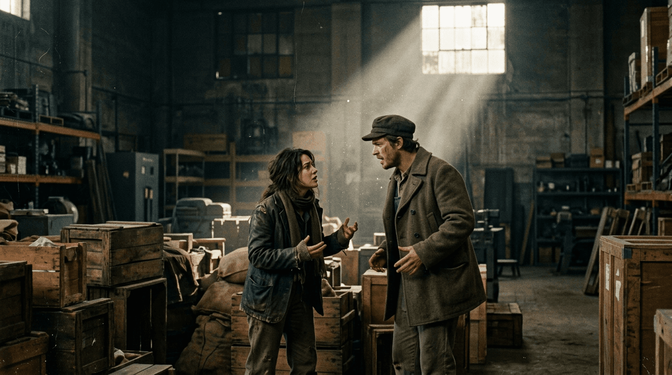 Cinematic workflow still, first angle, 35mm film grain