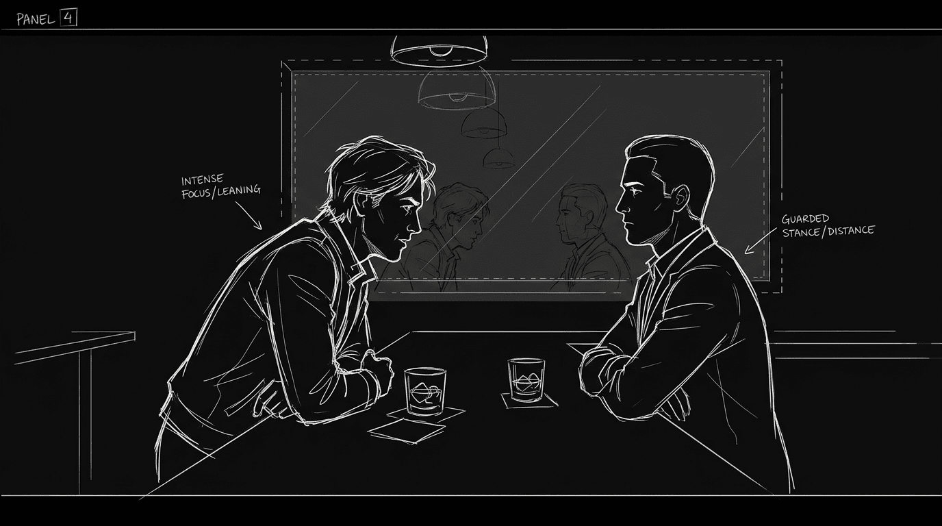 Dark mode technical sketch of two characters in close conversation while unspoken power shifts between them