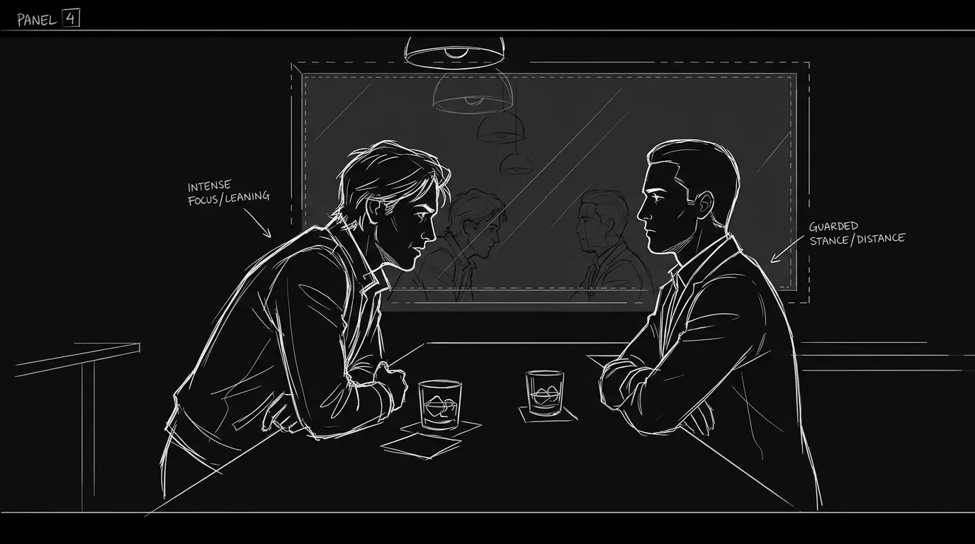 Dark mode technical sketch of two characters in close conversation while unspoken power shifts between them