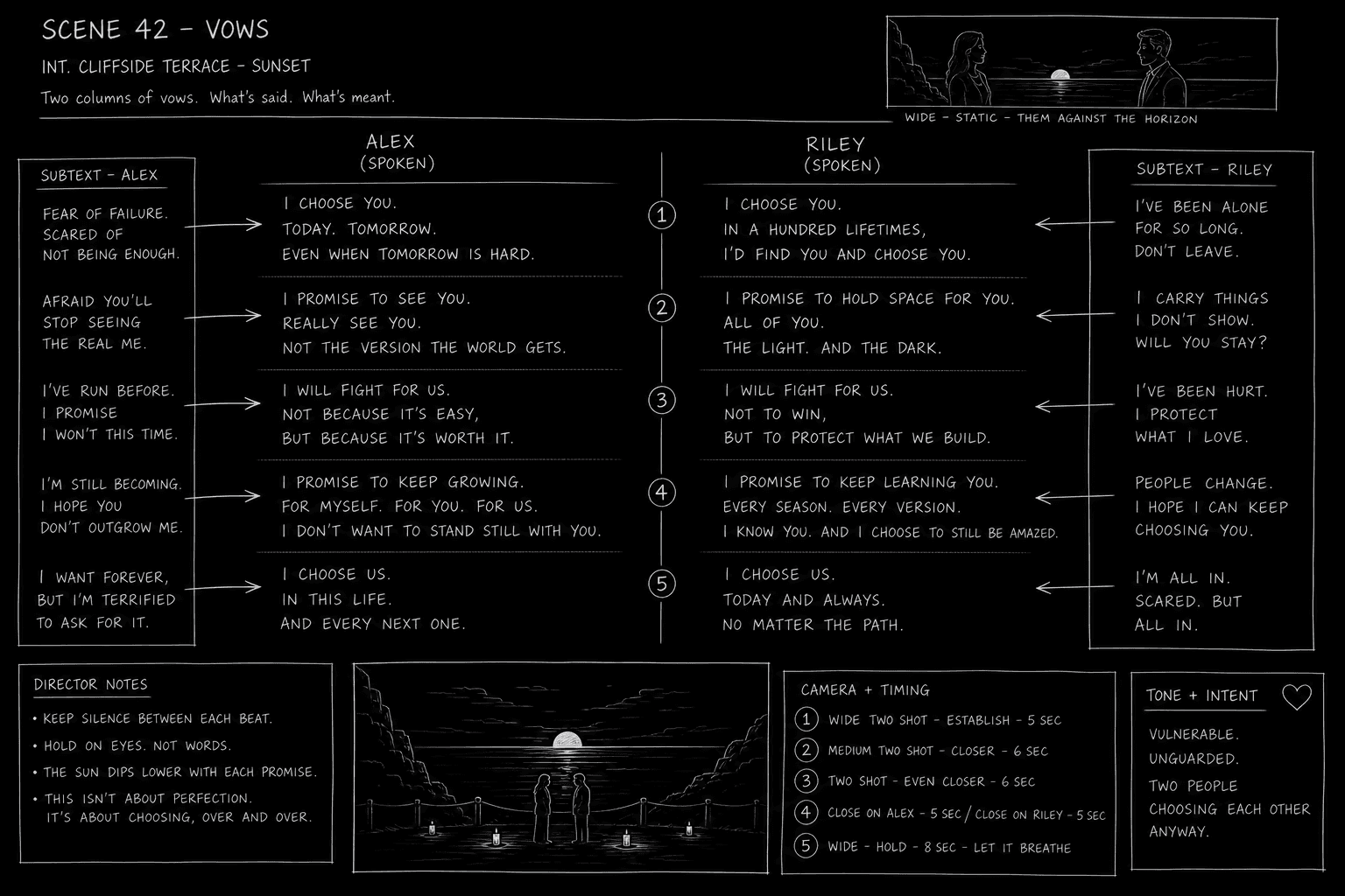 Wedding vow exchange as tight dialogue blocks with subtext notes; dark mode technical sketch