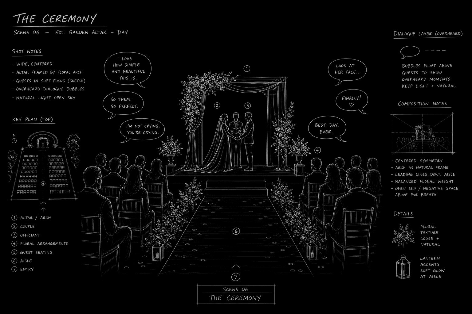 Dark mode technical sketch: wedding altar wireframe with dialogue blocks, thin white lines on solid black