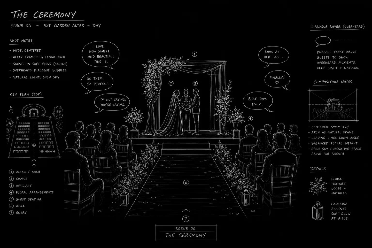 Dark mode technical sketch: wedding altar wireframe with dialogue blocks, thin white lines on solid black