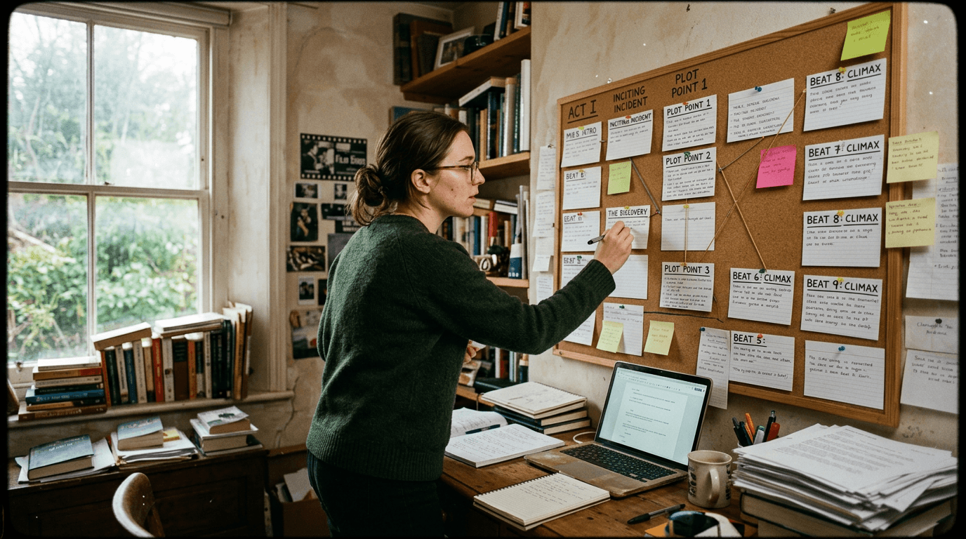 Cinematic workflow still, first angle, 35mm film grain