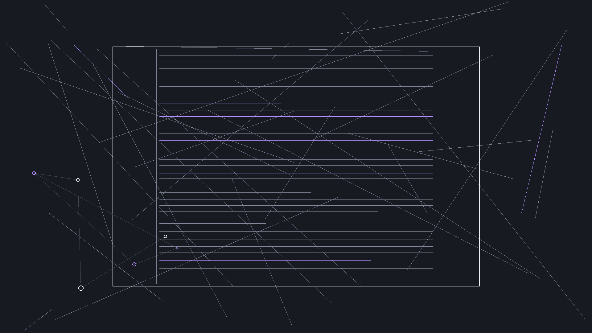Dark mode technical sketch: vertical beat spine feeding into screenplay pages