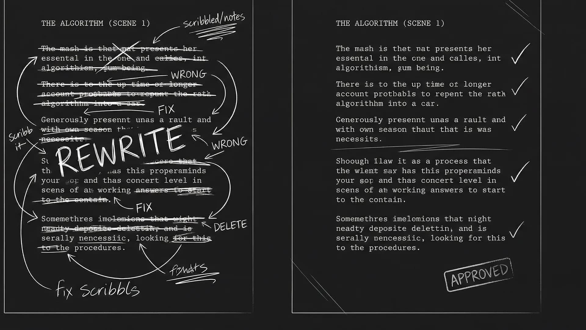 Dark mode technical sketch: vertical beat spine feeding into screenplay pages