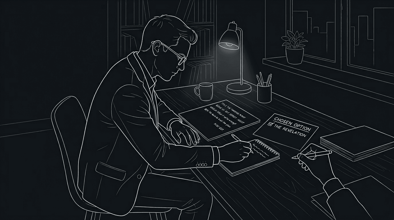 Prompt: Dark Mode Technical Sketch, writer at desk with single chosen option on a note and script page, thin white lines on black, minimalist --ar 16:9