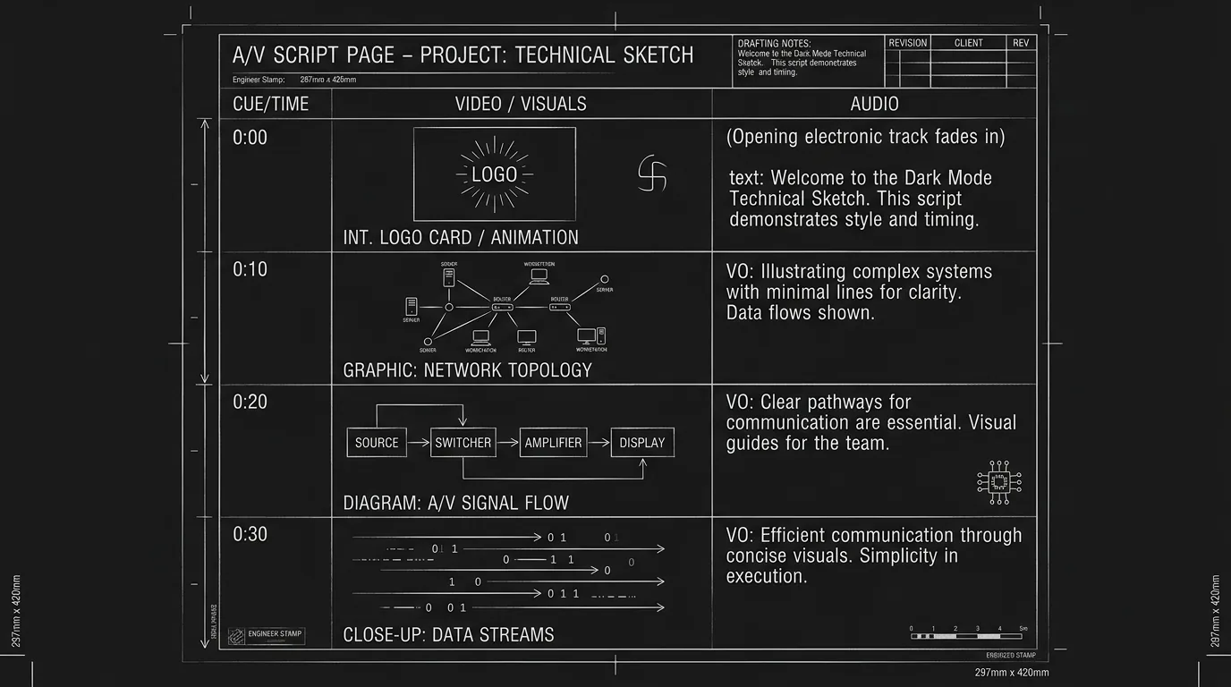 A/V script with timing annotations showing a 30-second breakdown; dark mode technical sketch, thin white lines on black background