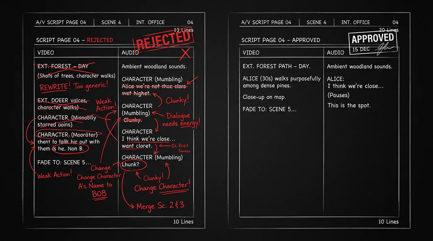 A comparison of a rejected script and revised script for the same commercial; dark mode technical sketch, thin white lines on black background