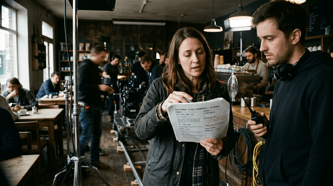 Cinematic workflow still, first angle, 35mm film grain