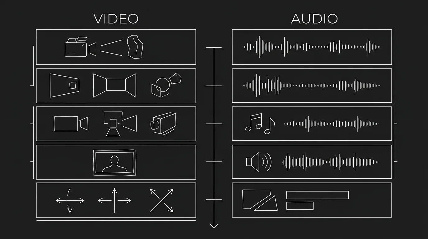 Dark mode technical sketch: A/V script format with video and audio columns; thin white lines on black