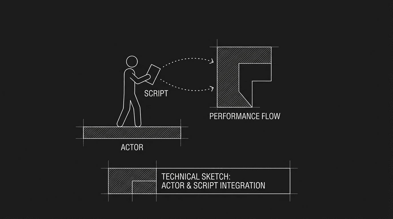 Dialogue block with minimal parentheticals; clean; dark mode technical sketch