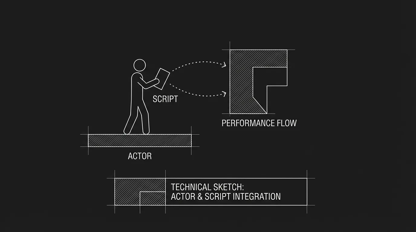 Dialogue block with minimal parentheticals; clean; dark mode technical sketch