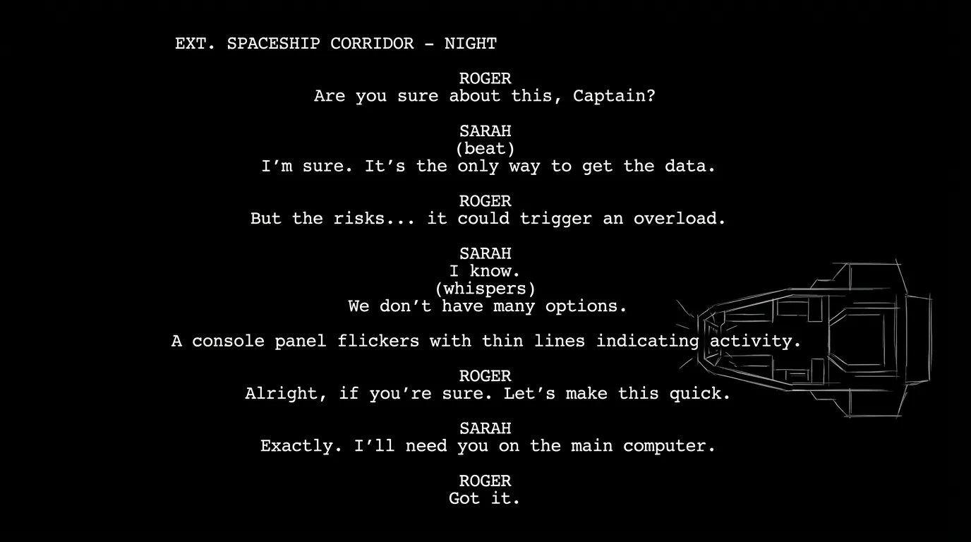 Script page: dialogue clean; minimal parentheticals; dark mode technical sketch