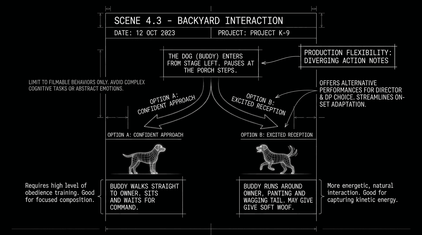 A script page showing alternative animal actions; dark mode technical sketch, thin white lines on black background