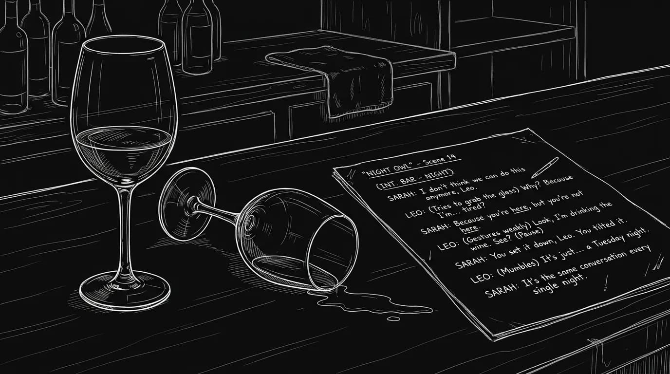 Overhead dark mode sketch of a bar table with two glasses and a script page marked with dialogue lines in thin white lines on black