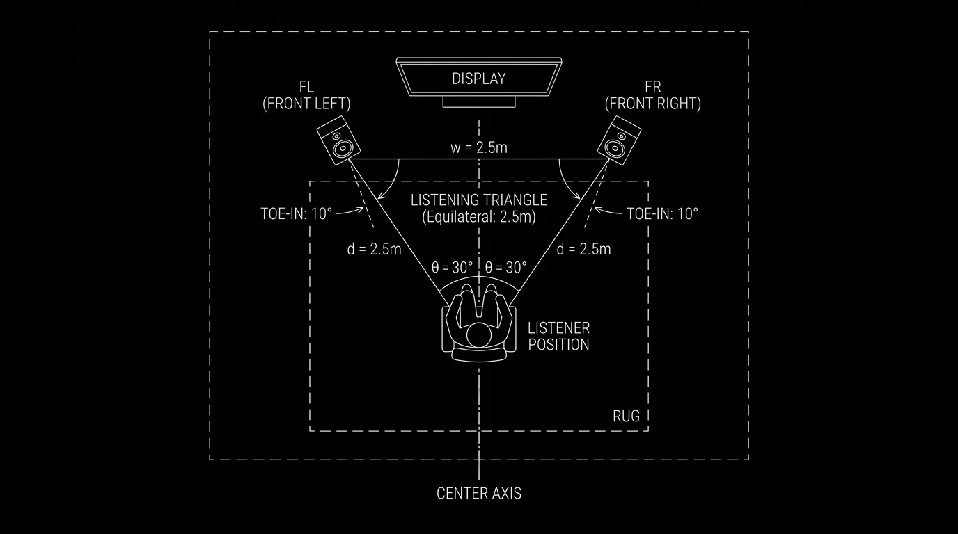 A visual showing listener position relative to speakers; dark mode technical sketch, thin white lines on black background
